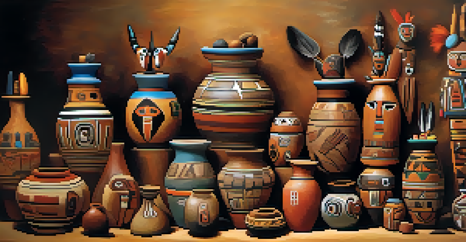 A collection of Hopi pottery and kachina dolls on a wooden table, showcasing traditional designs and vibrant colors under soft lighting.