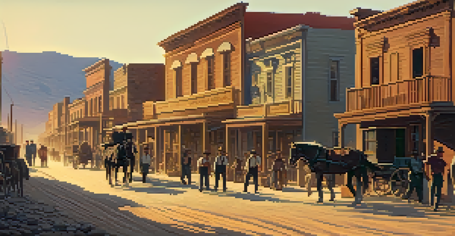 A lively 19th-century mining town in Arizona at sunset, featuring wooden storefronts, miners, and families in the streets.