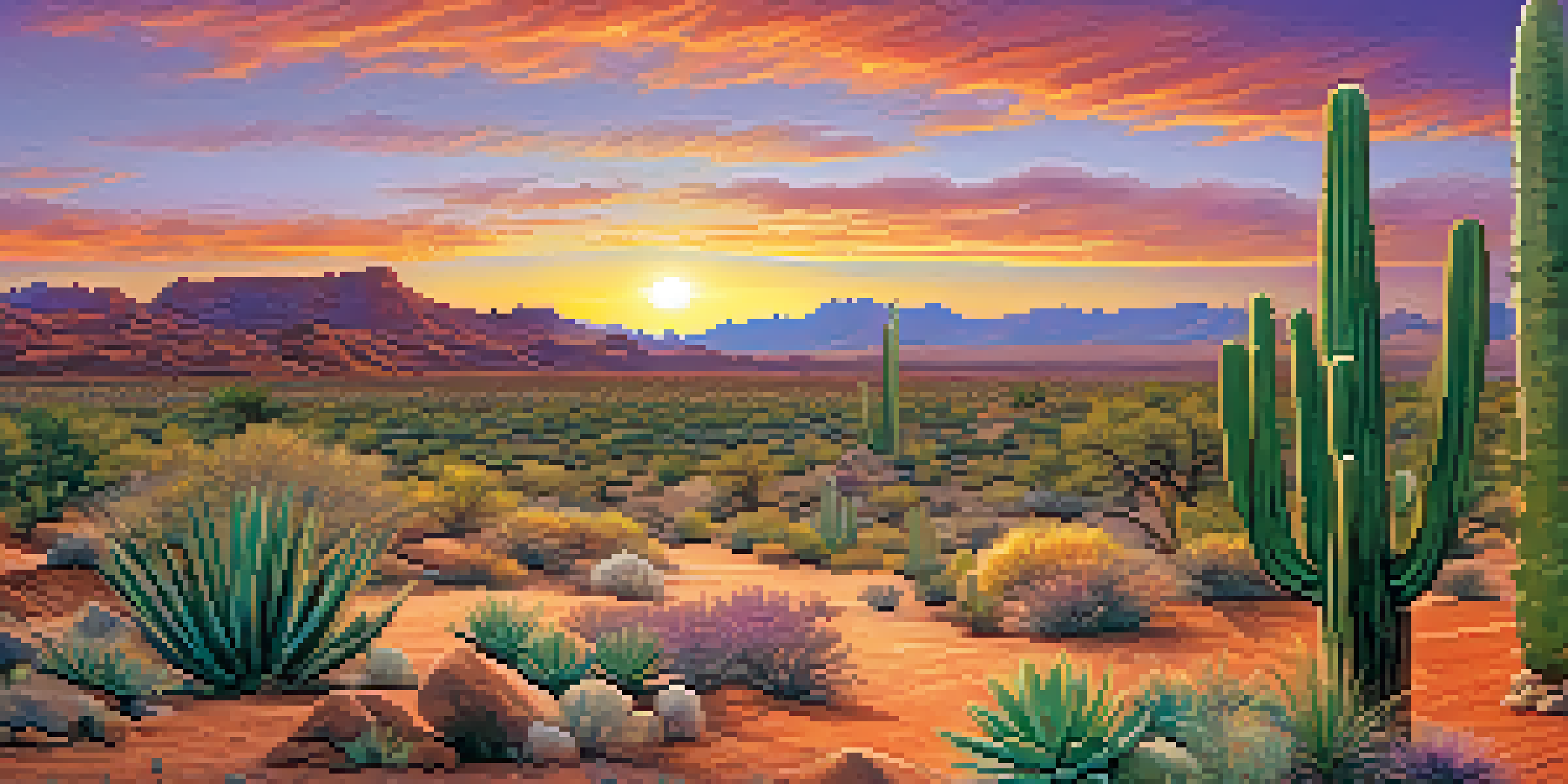 A desert landscape in Arizona at sunset with solar-powered water filtration systems in the foreground, surrounded by cacti and rocky terrain.