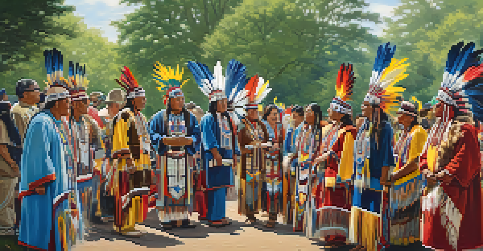 Native American community members in traditional clothing celebrating a cultural event outdoors.