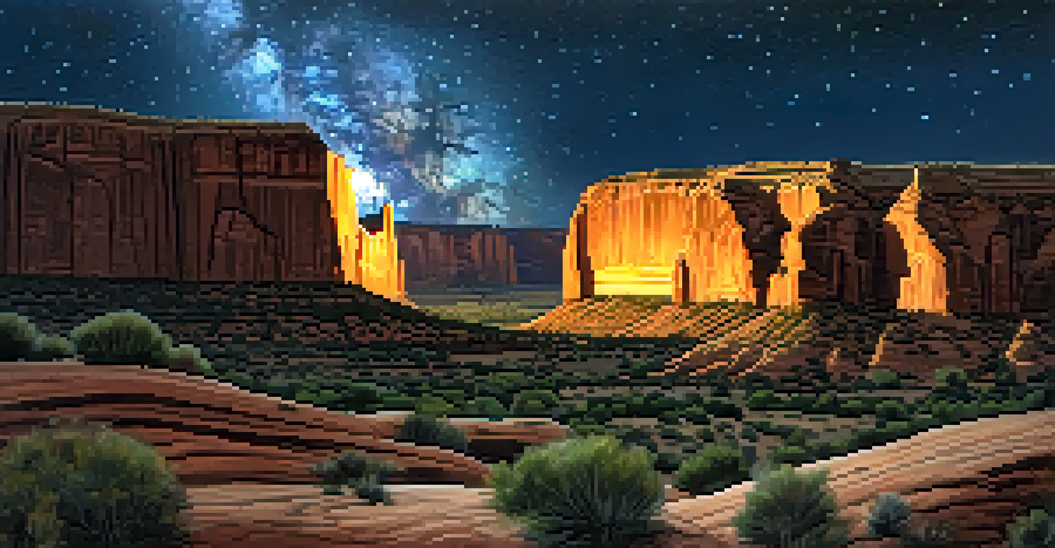 A starlit night sky over Canyon de Chelly with the Milky Way arching above ancient rock formations and glowing campfires in the foreground.