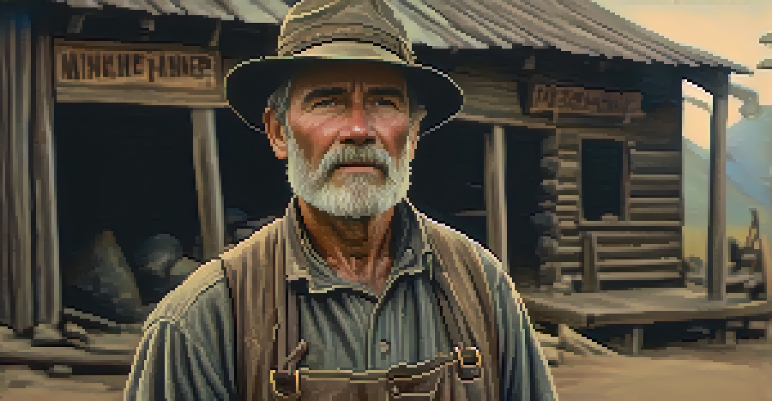 A close-up portrait of a late 1800s miner in front of a wooden shack, showcasing his weathered face and traditional mining tools.
