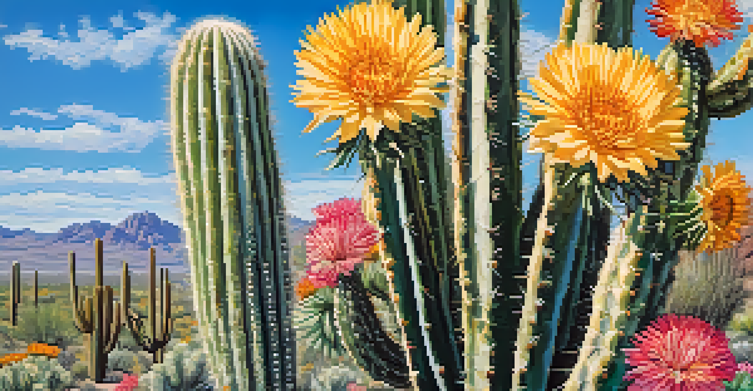 A close-up of a saguaro cactus with blooming wildflowers and a colorful bird perched on it.