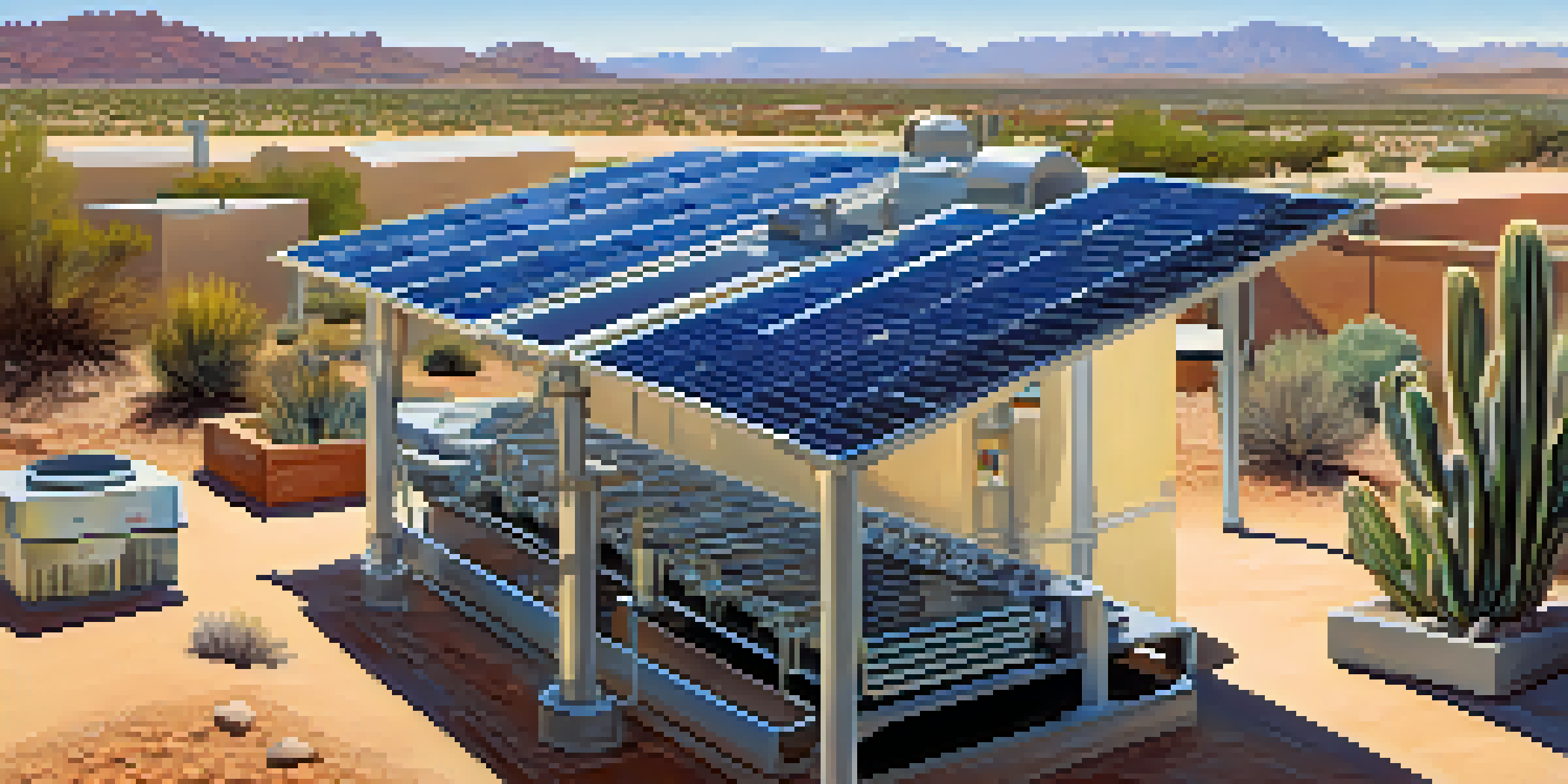 A detailed image of a solar-powered water purification system in a desert neighborhood, under a clear blue sky.
