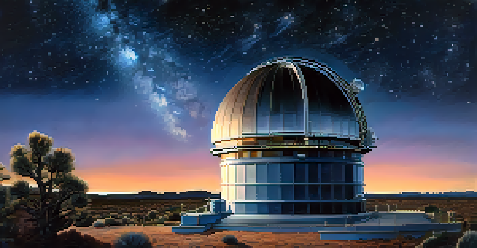 An astronomer beside a large telescope at an observatory, looking up at a star-filled night sky.