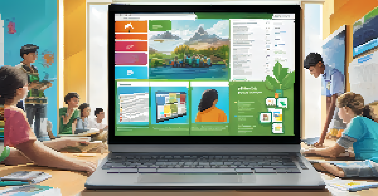 A young person excitedly exploring a digital platform filled with colorful icons representing volunteer opportunities on a laptop.