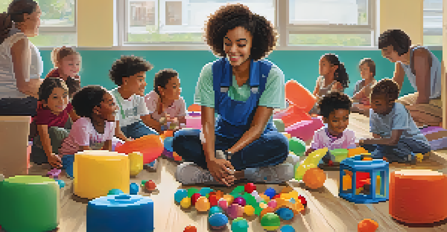 A community college student volunteering at a shelter, engaging with children in a colorful and welcoming environment.