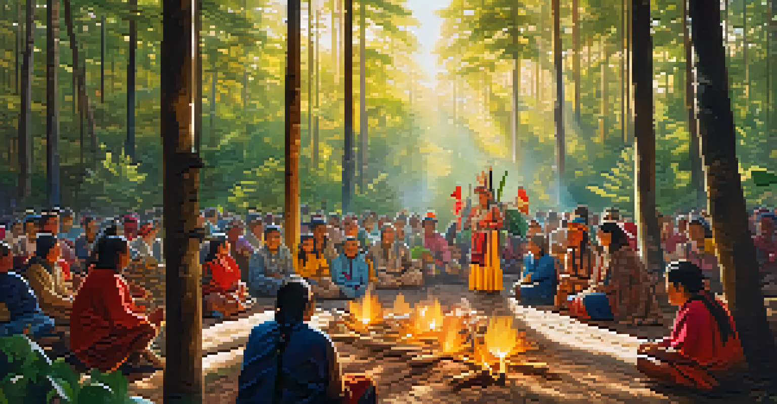 An Indigenous community gathering in a forest, celebrating seasonal changes with traditional rituals and decorations.
