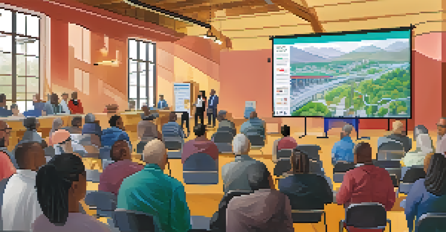 A community meeting with diverse participants discussing public transport accessibility, featuring a presentation on future improvements in a welcoming town hall environment.