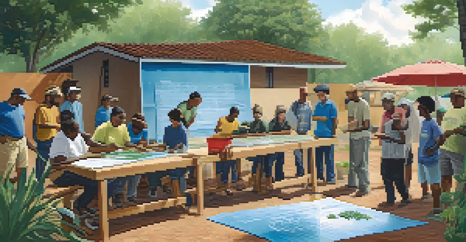 Residents attending a community workshop outdoors, learning about rainwater harvesting techniques with various materials on a table and plants around.