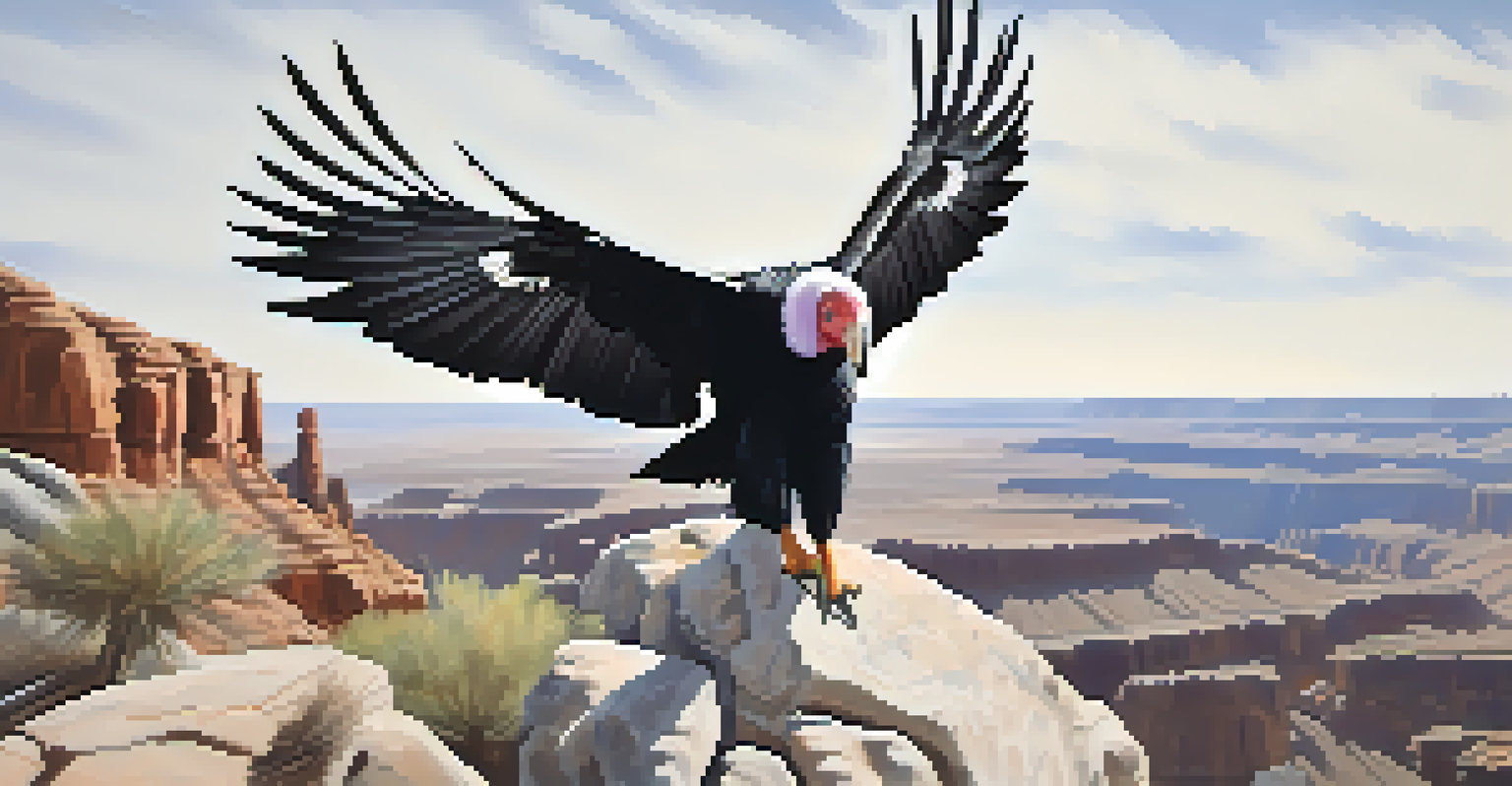 A California condor with its wings spread, perched on a rocky outcrop in the Arizona desert.