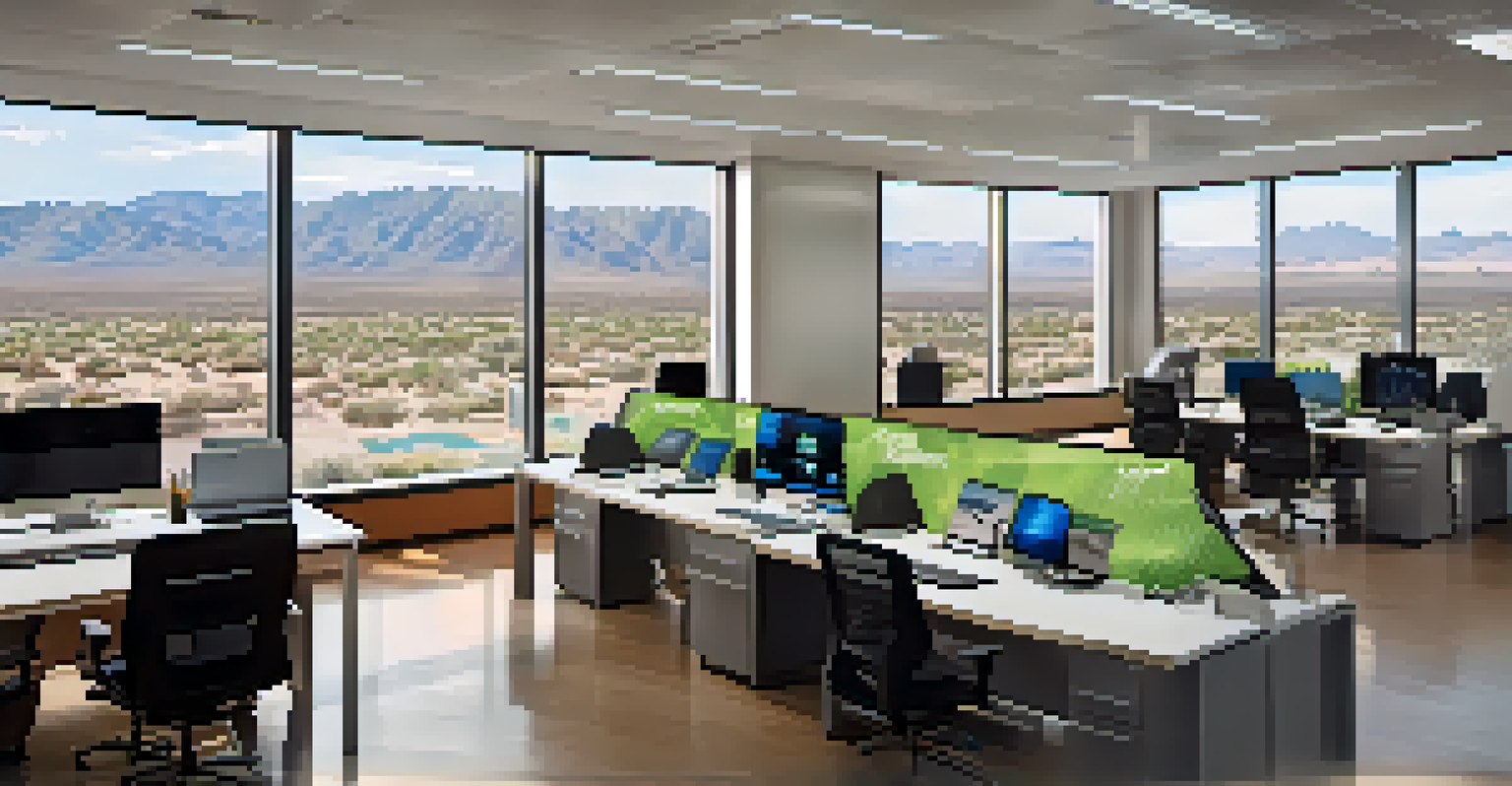 A diverse team collaborating in a modern defense contractor's workspace in Arizona, with high-tech equipment and natural light.