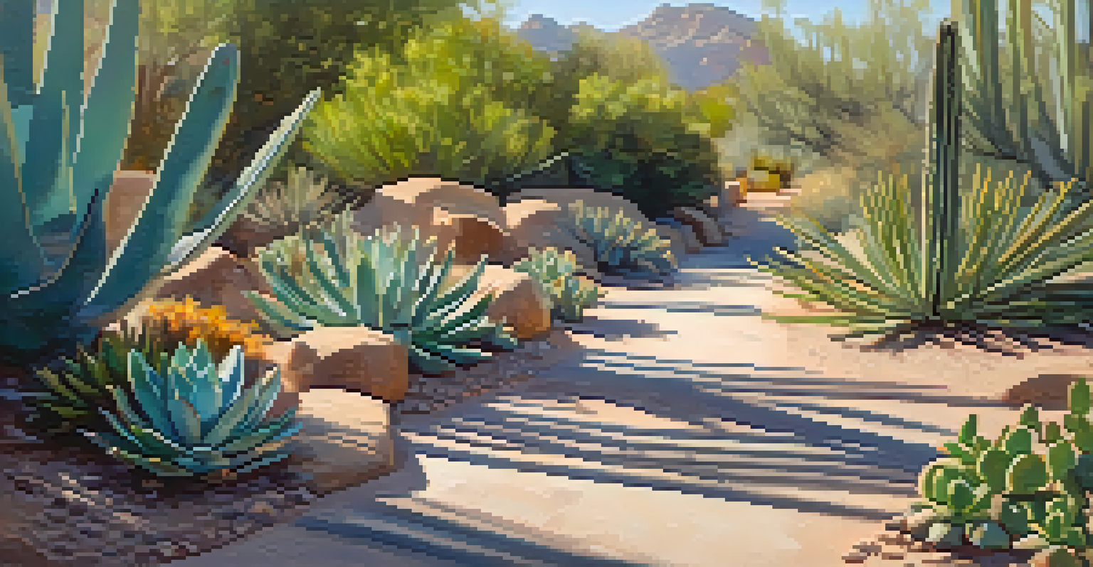 A pathway in the Desert Botanical Garden lined with various succulents and a bird perched on a branch.