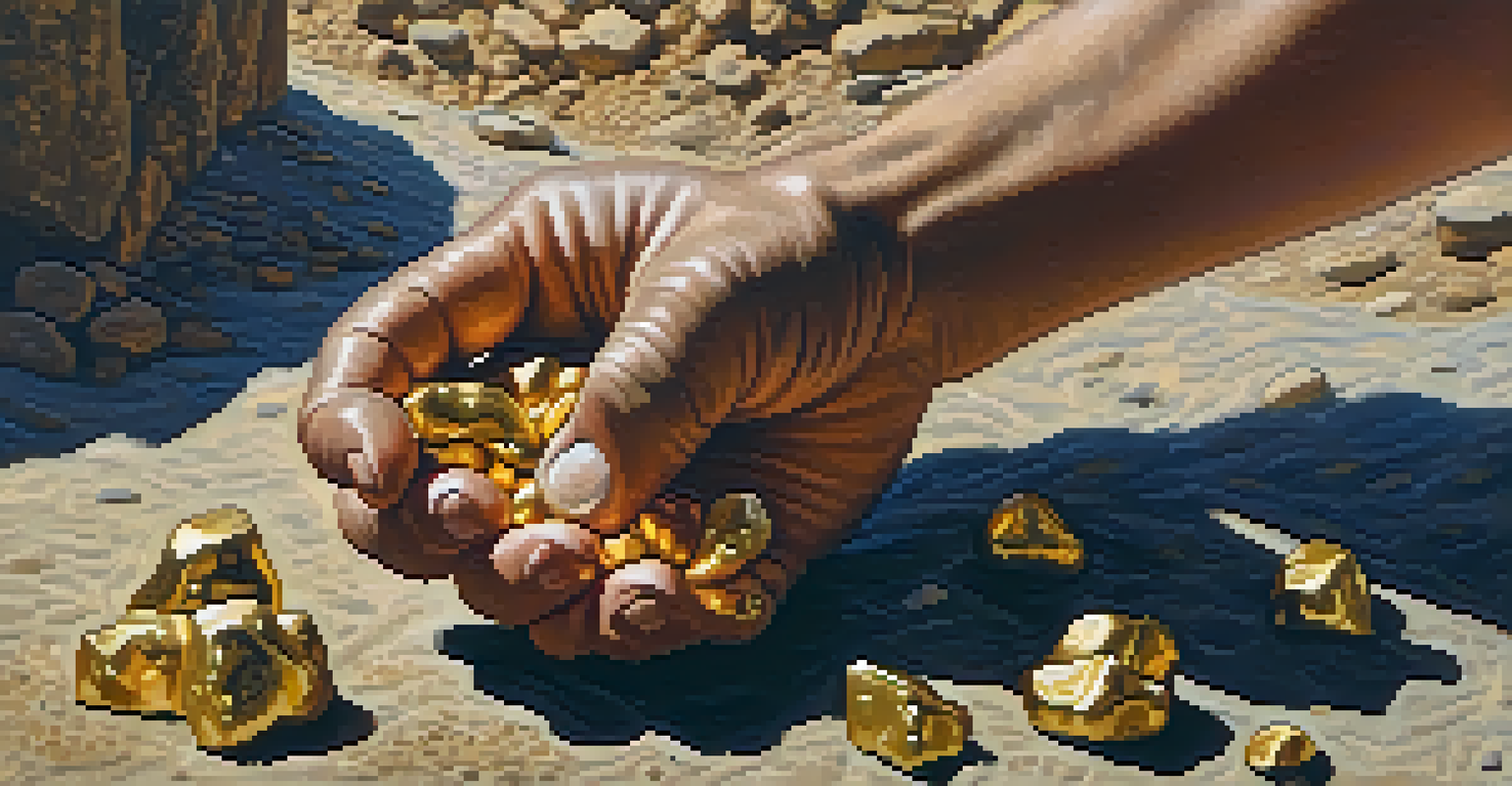 A miner's hand holding a shiny gold nugget, surrounded by dirt and pebbles, with a blurred mining site in the background.