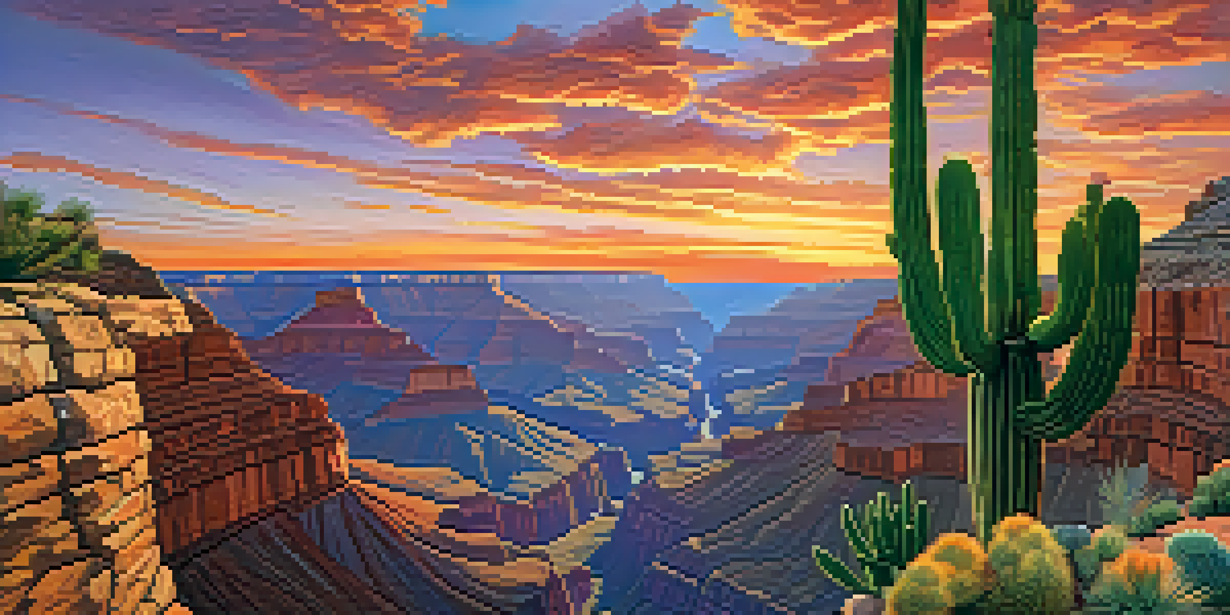 A sunset over the Grand Canyon with colorful sky and rugged rock formations.