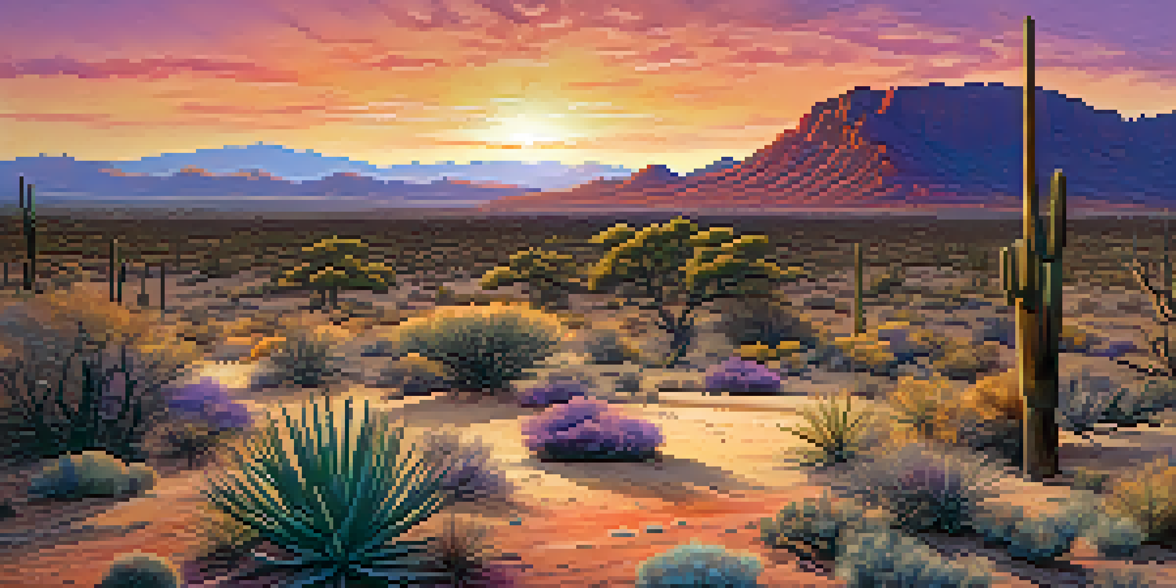 A breathtaking sunset over the Arizona desert, with vibrant colors in the sky and dry landscape featuring cacti and mountains.