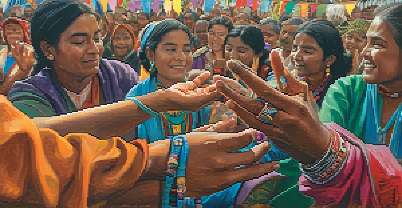 A close-up of a storyteller's hands gesturing while narrating a story, with a vibrant storytelling festival scene in the background.