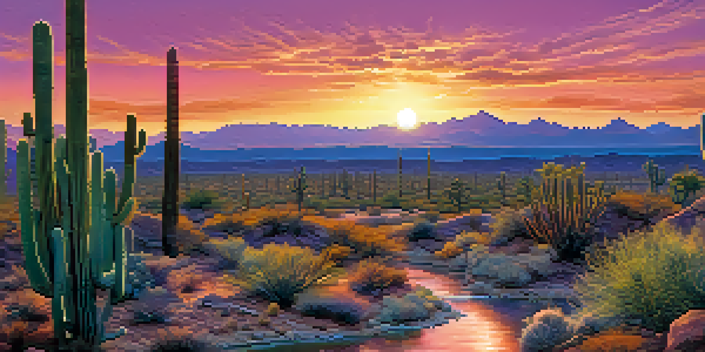 A picturesque sunset over Arizona's desert landscape, featuring a winding river, cacti, and distant mountains illuminated by colorful skies.