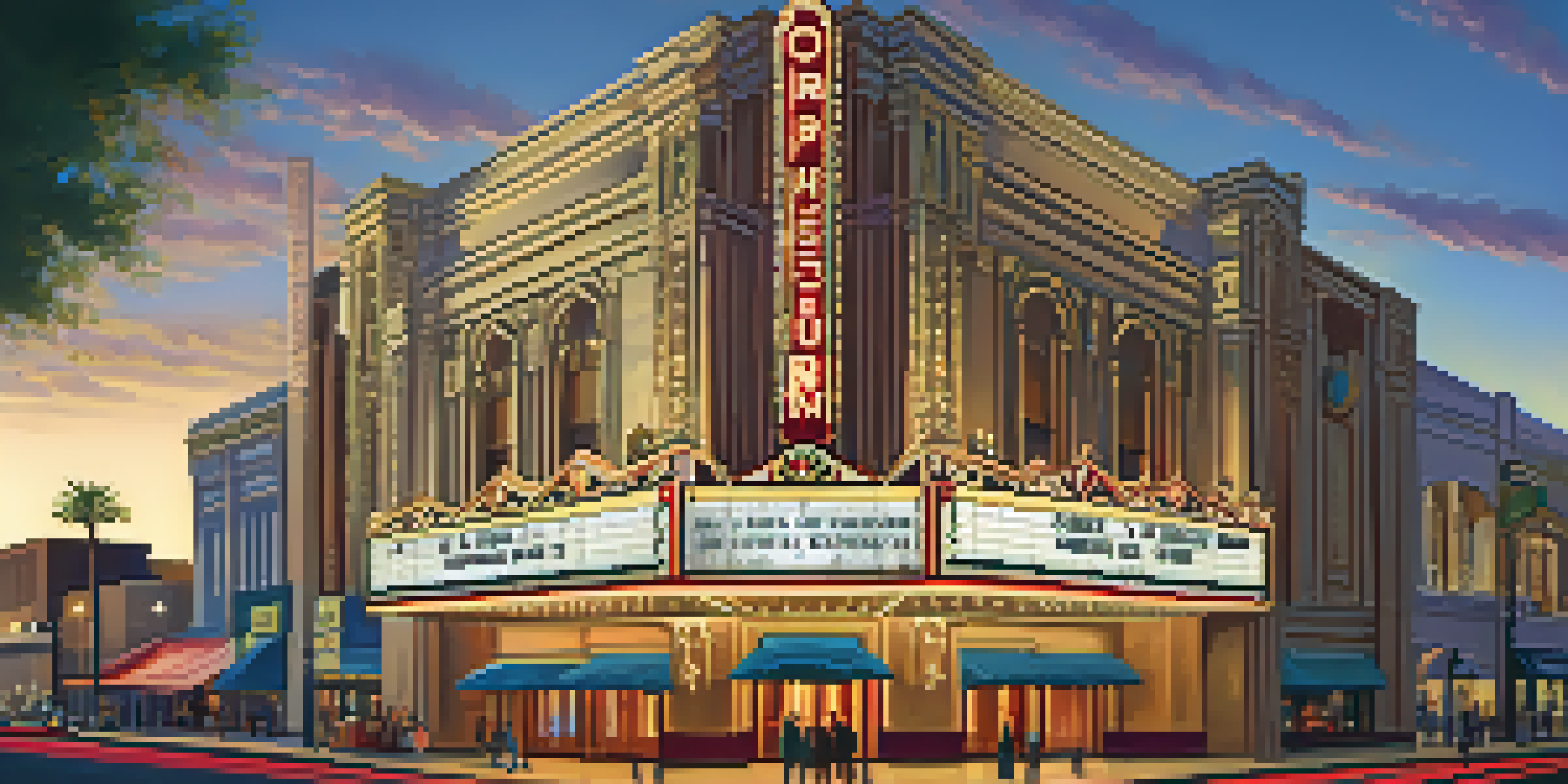 Exterior view of the Orpheum Theatre in Phoenix, featuring Art Deco architecture and a glowing marquee.