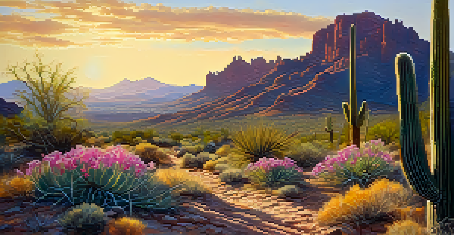 A hiking trail in the desert surrounded by wildflowers and saguaro cacti, with sunlight filtering through the trees and a hiker enjoying the view.