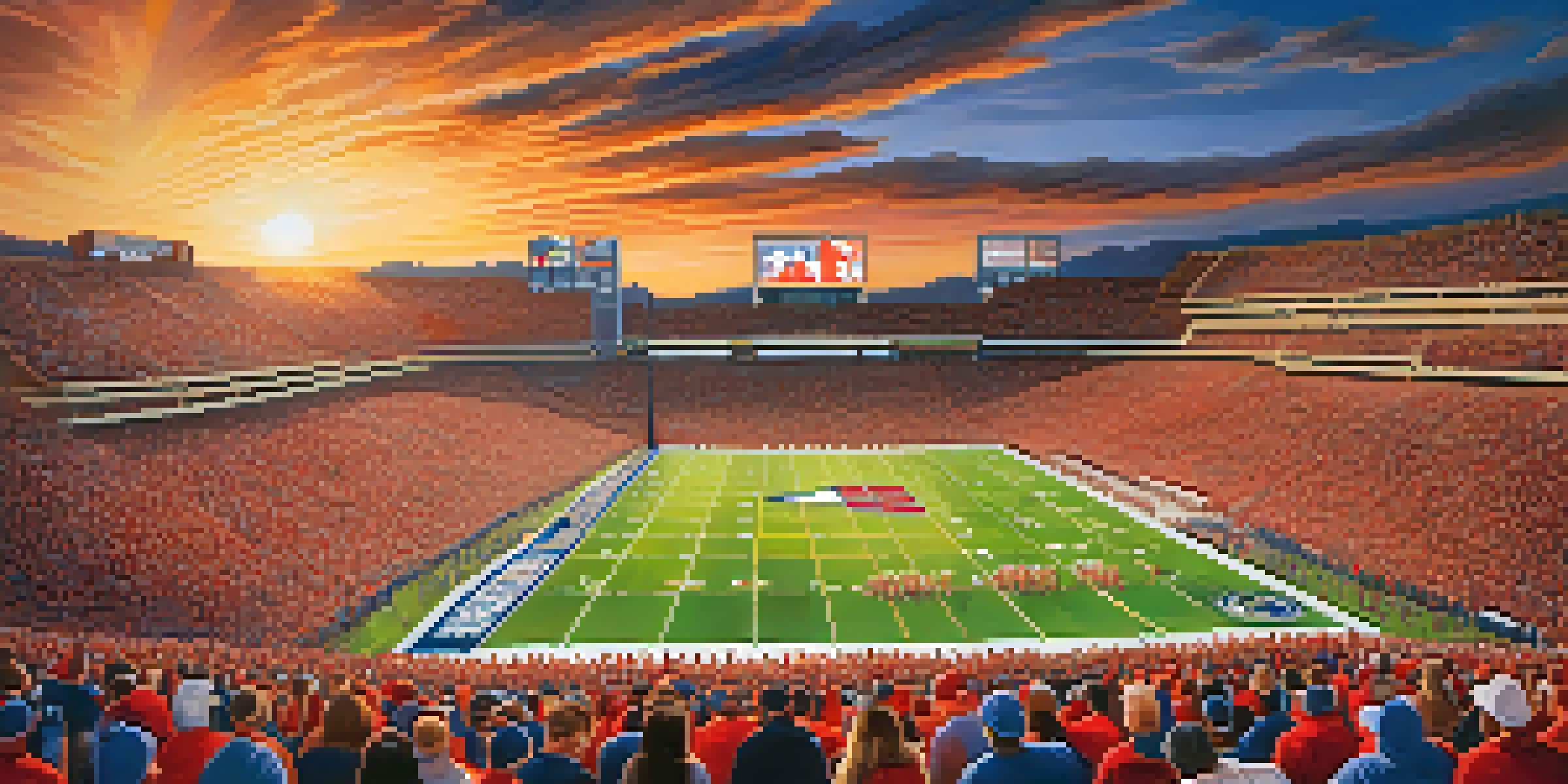 A lively college football game at the University of Arizona, with fans in red and blue cheering passionately as the sun sets.