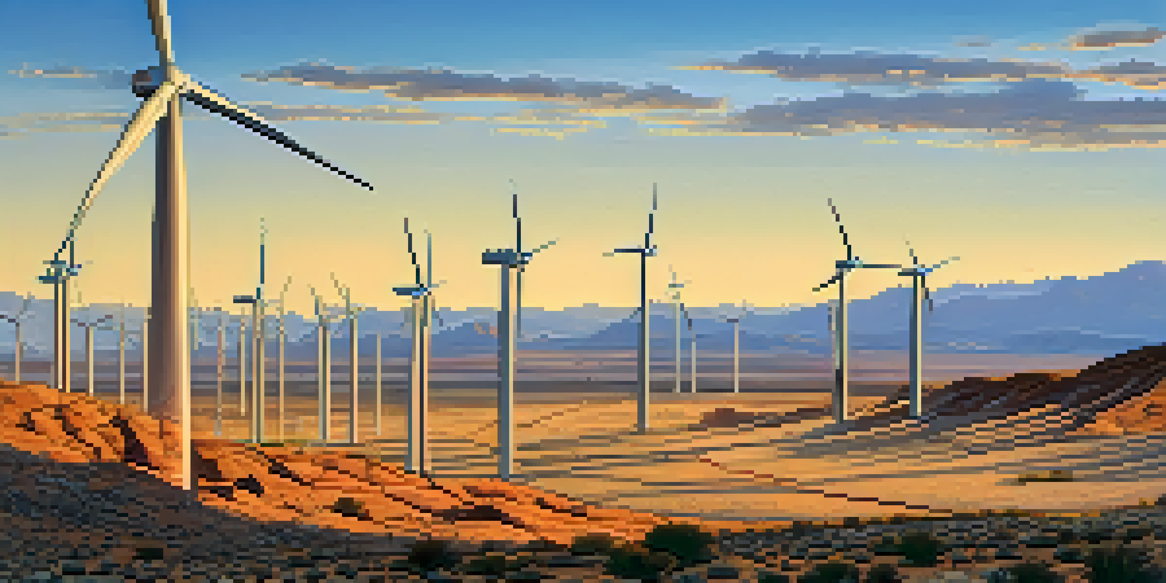 A scenic view of wind turbines in the Arizona desert during sunset, with mountains in the background and a clear sky.