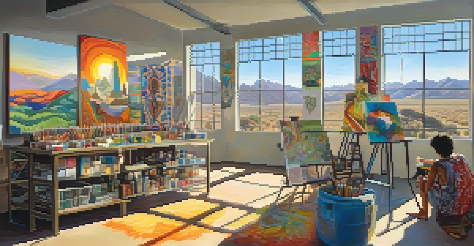 Two artists collaborating in a bright studio, one painting a mural and the other sculpting, surrounded by vibrant colors and sunlight.