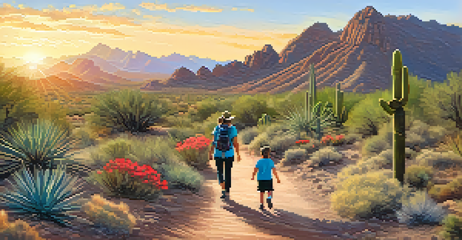 A family hiking on a trail in Usery Mountain Regional Park, surrounded by desert scenery and colorful flowers.
