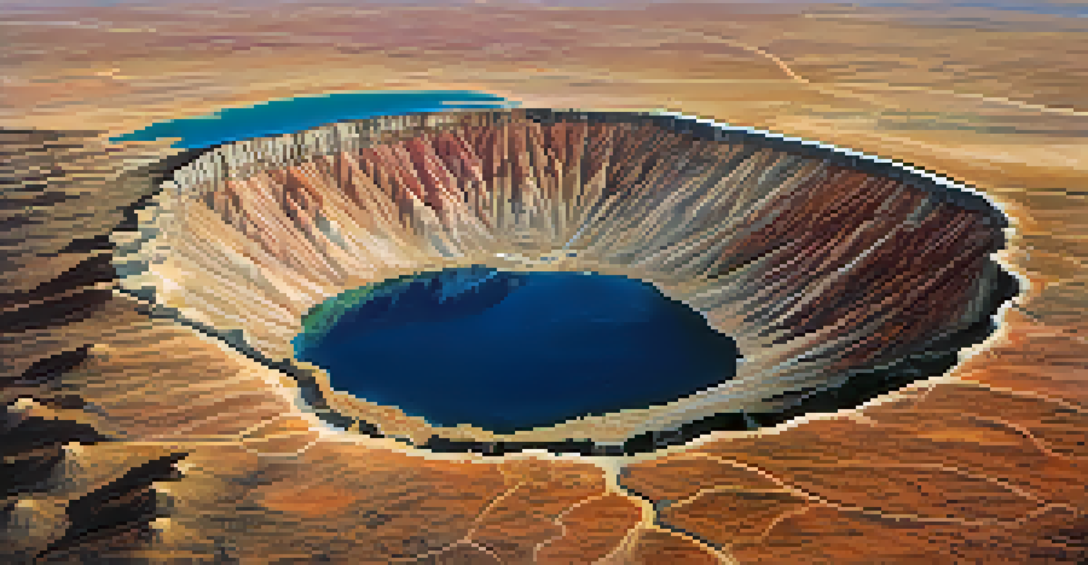 An aerial view of Meteor Crater with its circular shape and surrounding dry landscape, showcasing textures and colors.