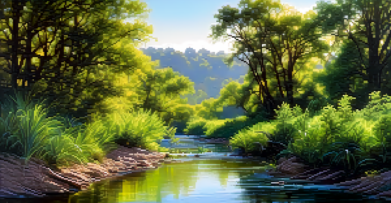 A lively riparian zone with a stream, lush vegetation, and colorful birds.