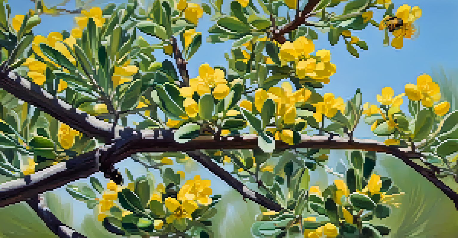 A close-up of a Creosote bush with green leaves and yellow flowers, with bees and butterflies nearby, illustrating the importance of native plants for pollinators.