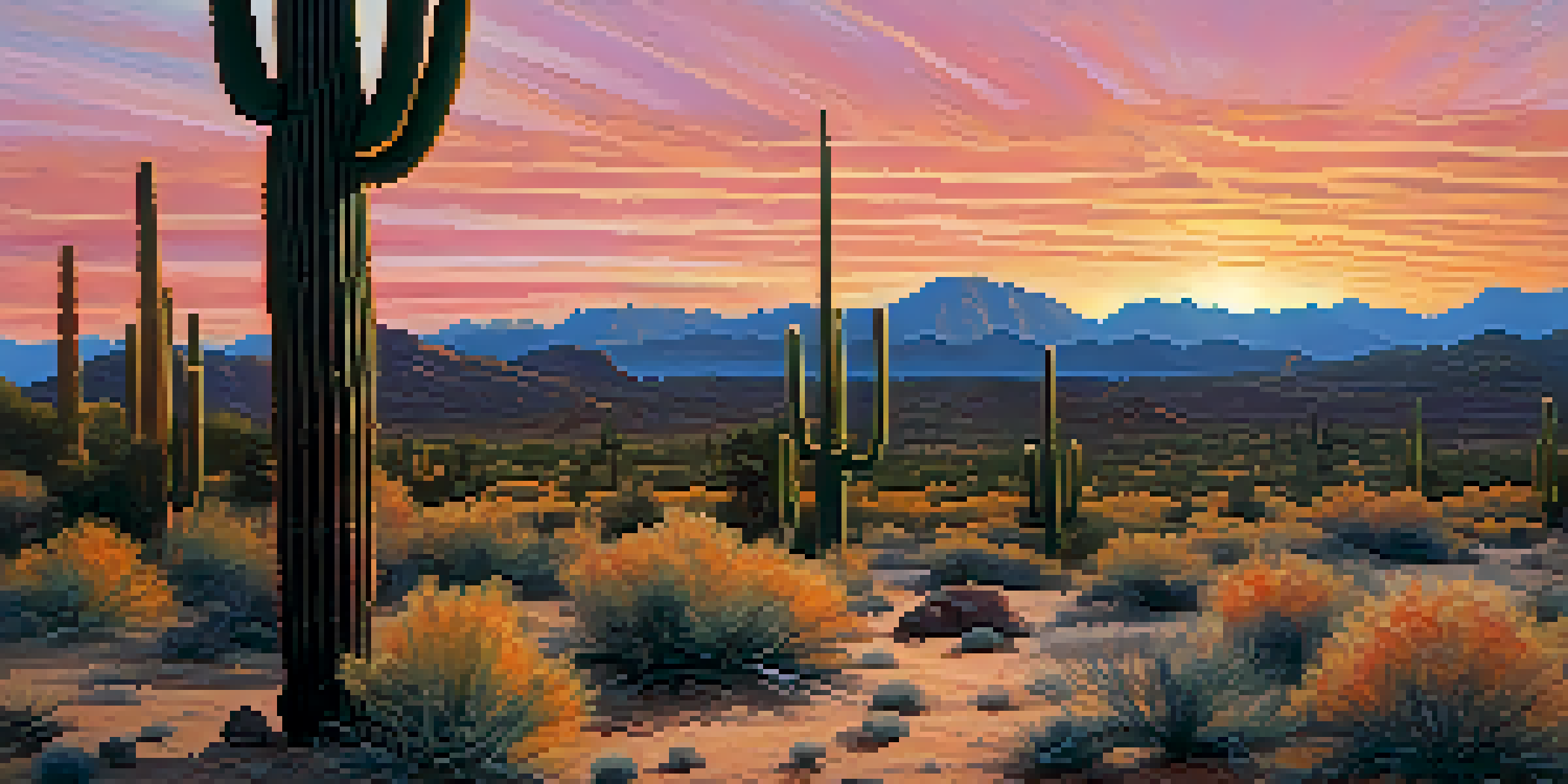 A sunrise scene in the Sonoran Desert with a cactus and a Gila monster, showcasing vibrant colors and soft lighting.