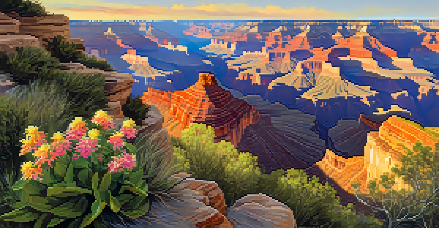 Visitors at a viewpoint along the South Rim of the Grand Canyon, surrounded by wildflowers and dramatic cliffs bathed in golden hour light.