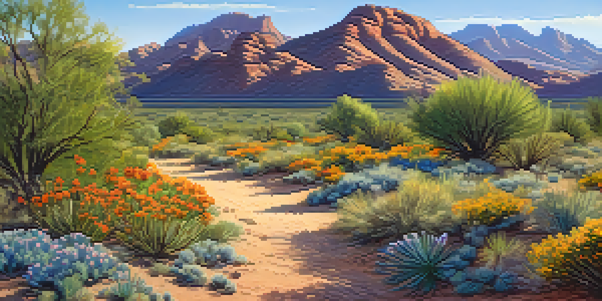 A colorful desert landscape in Arizona with blooming wildflowers and lush greenery under a sunny sky.