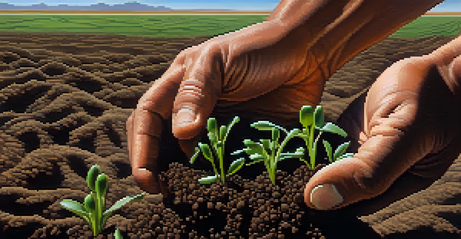 A close-up of a farmer's hands holding dark soil with green sprouts, with blurred fields and a clear blue sky in the background.