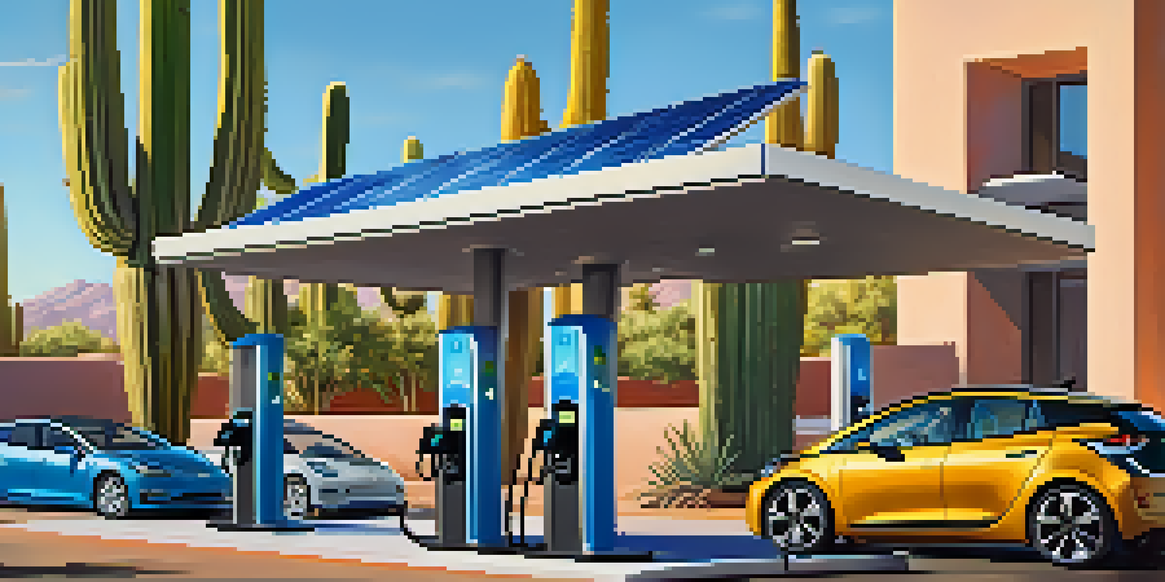 A bright Arizona city with electric vehicles charging at solar-powered stations under a clear blue sky.