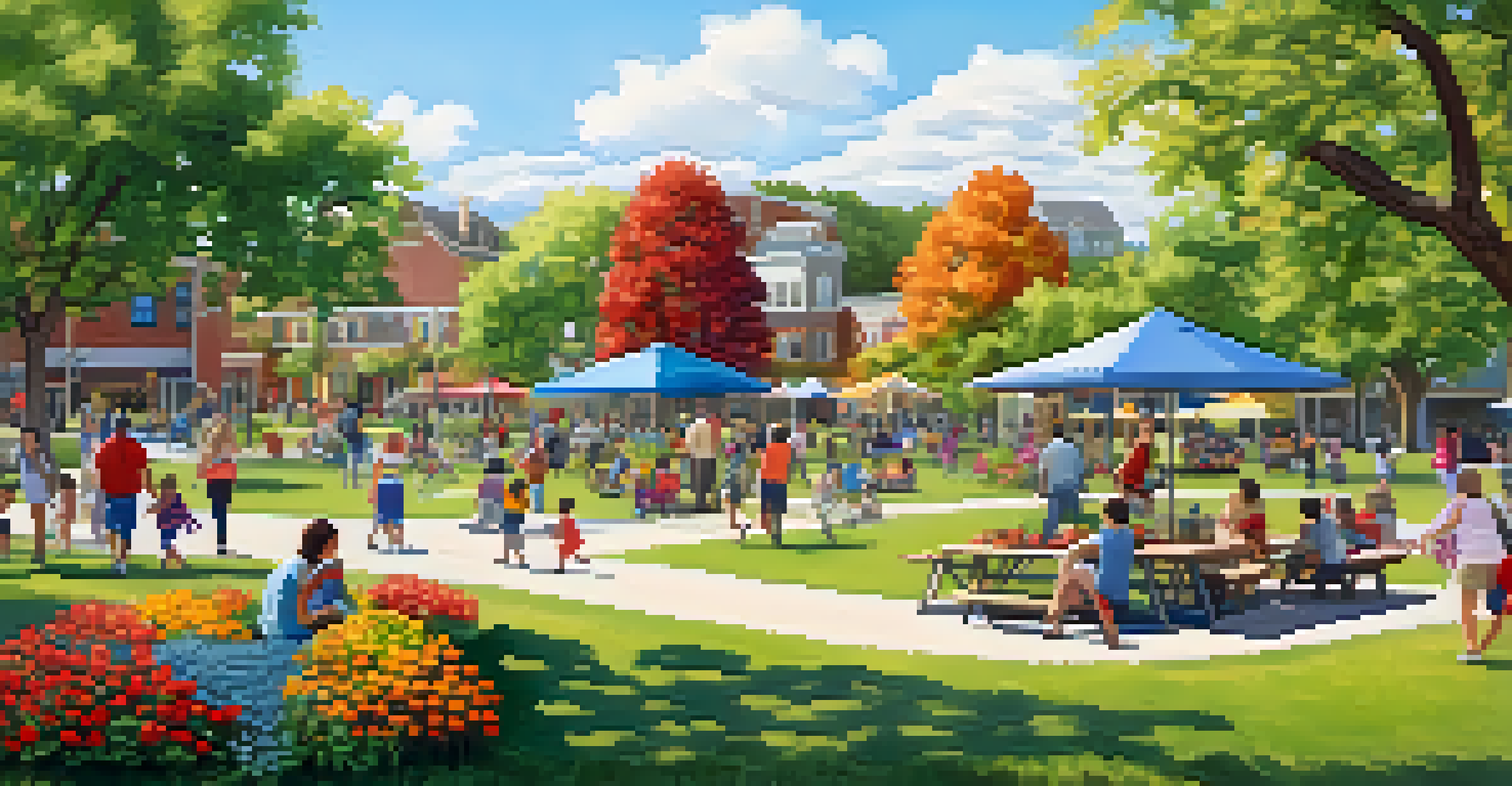 A community park filled with families and children playing, lush greenery and colorful flowers, with a farmers market in the background under a clear blue sky.