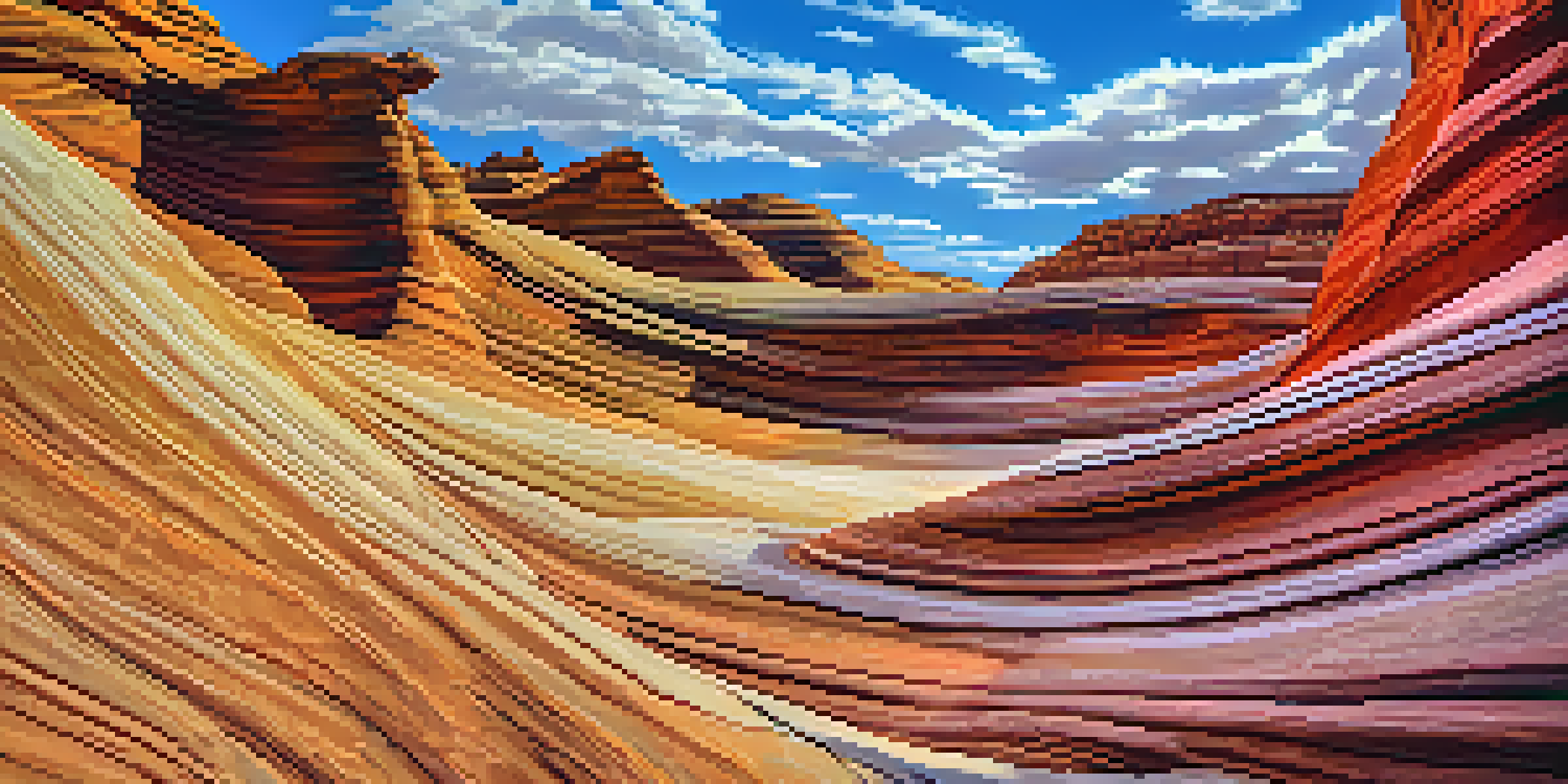 A colorful sandstone formation known as The Wave, with swirling patterns and a clear blue sky in the background.