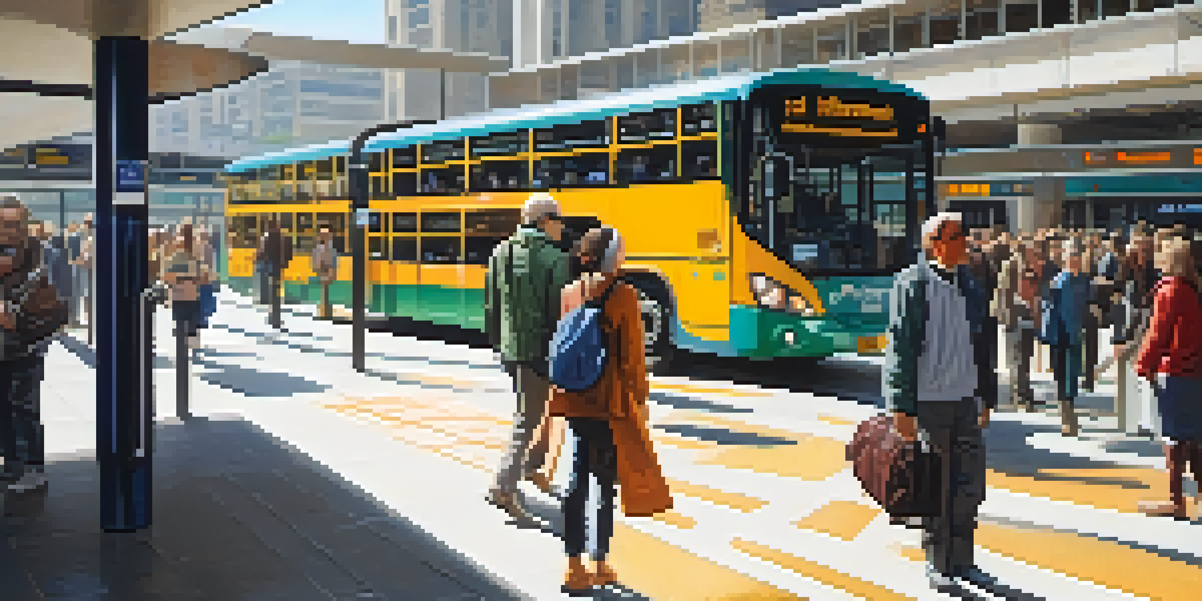 A visually impaired person confidently navigating a bus station filled with accessible features, surrounded by diverse commuters in a sunny urban environment.