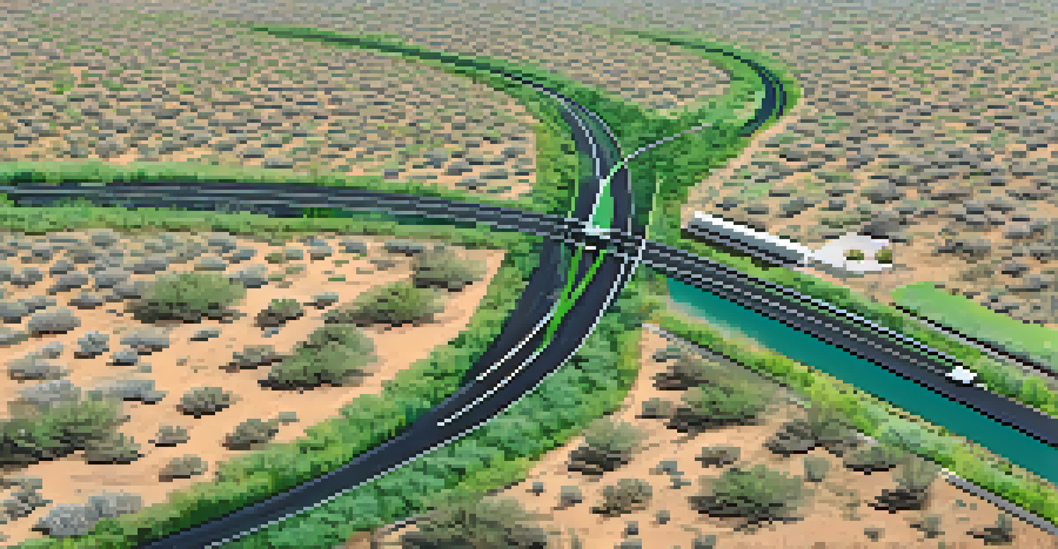 An aerial view of a wildlife corridor in Arizona, surrounded by urban development and desert landscape.