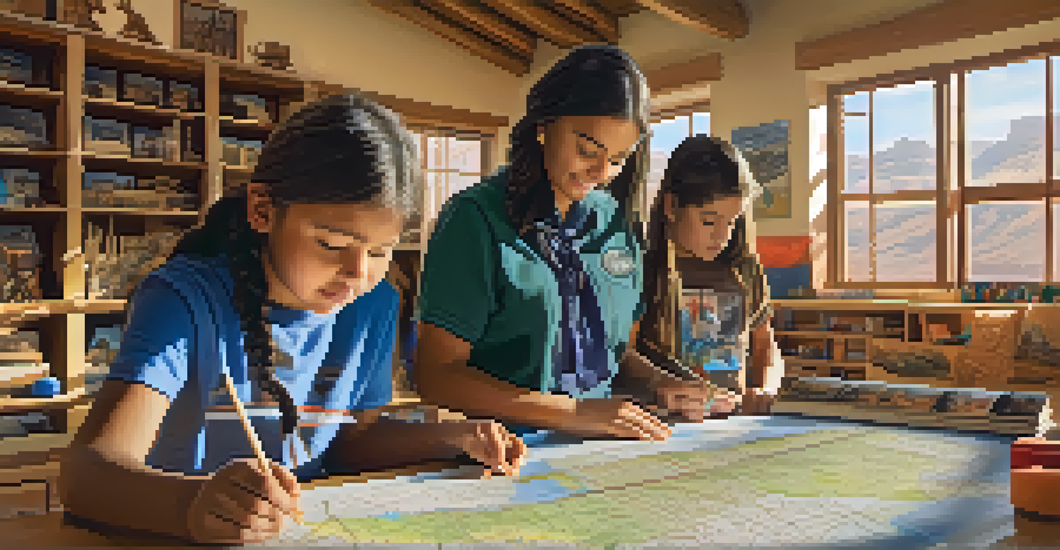 Students in a classroom working on a project about Arizona's cultural heritage with maps and artifacts.