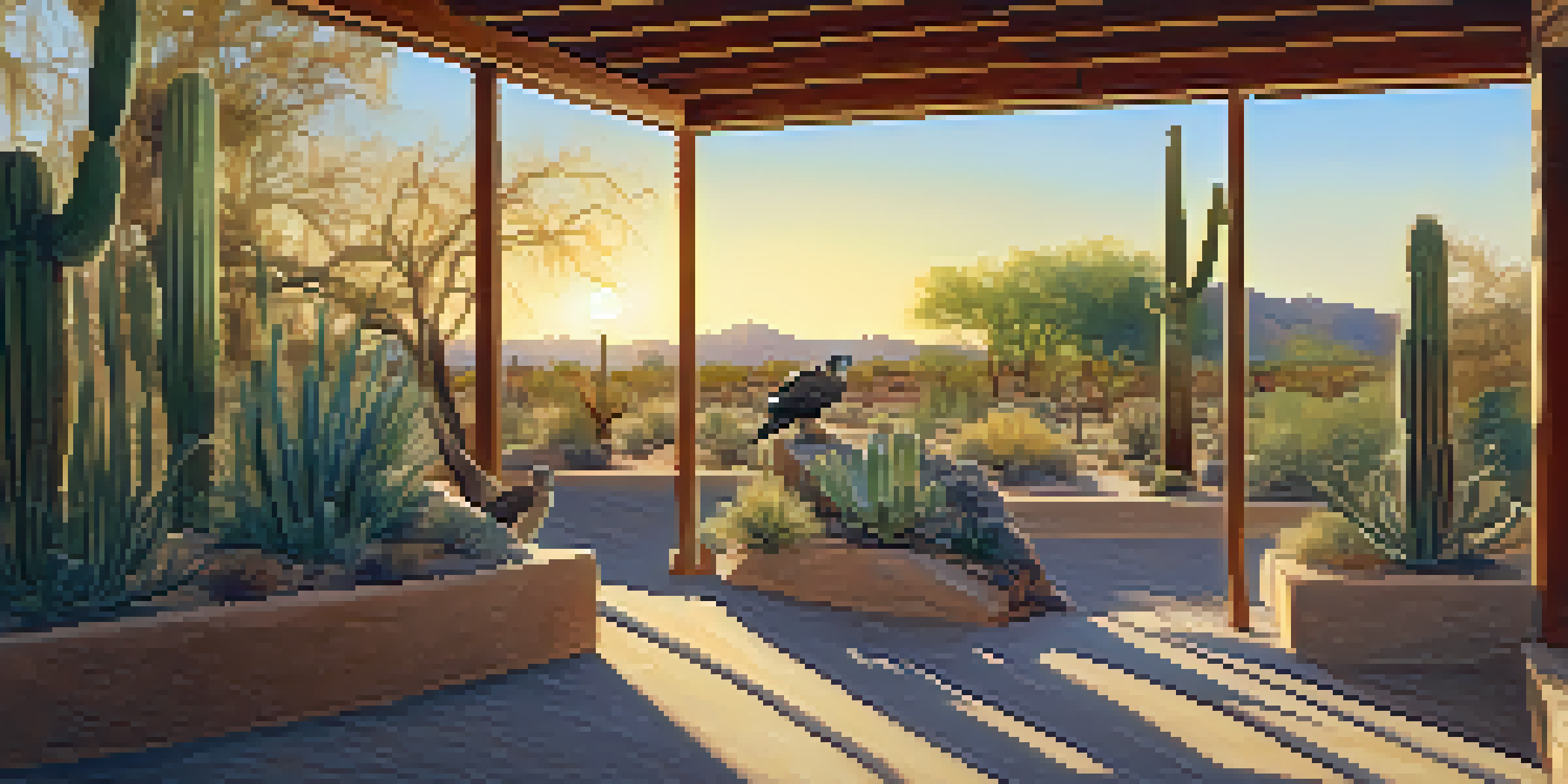 A wildlife rehabilitation center in Arizona with a red-tailed hawk on a branch, surrounded by cacti and desert plants under the evening sun.