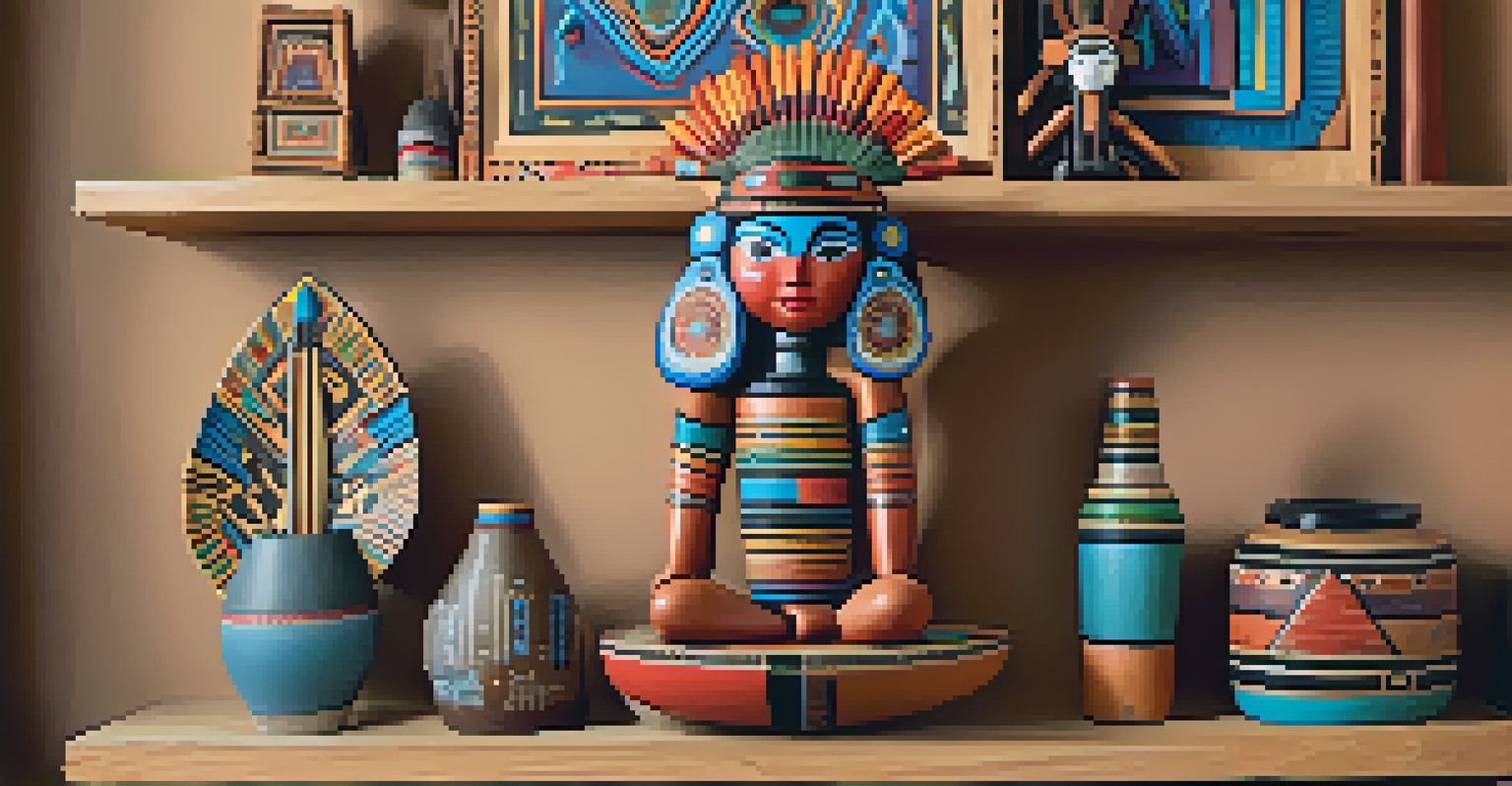 A Hopi katsina doll with vibrant colors and intricate details displayed among other Native American art pieces.