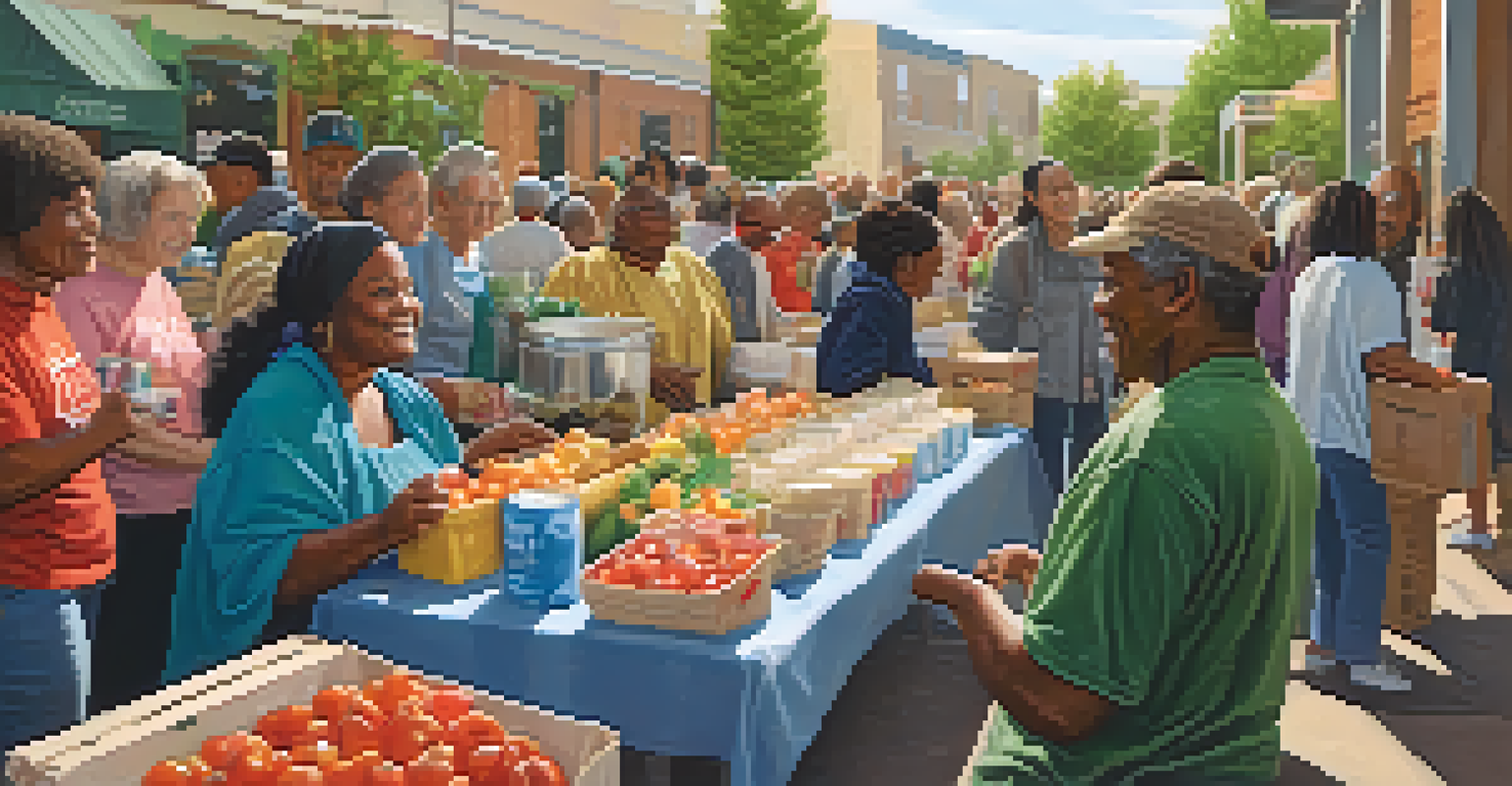 A faith-based community gathering with volunteers participating in a food drive.