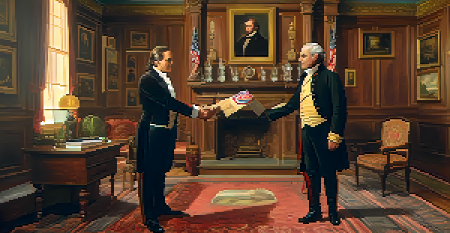James Gadsden and Antonio López de Santa Anna shaking hands in a formal historical setting with maps and flags.