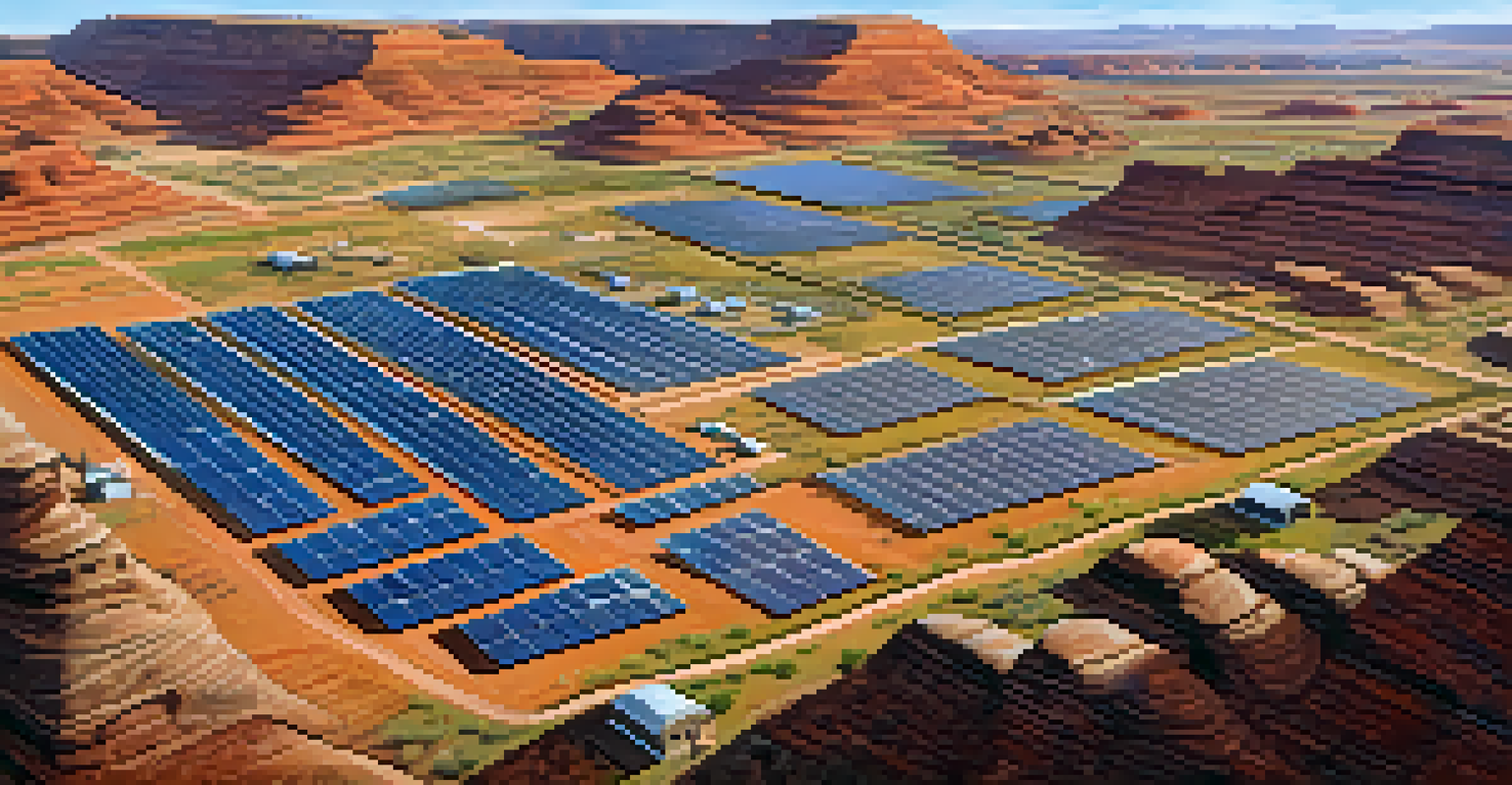 An aerial view of solar panels on Navajo Nation land, with traditional dwellings nearby.