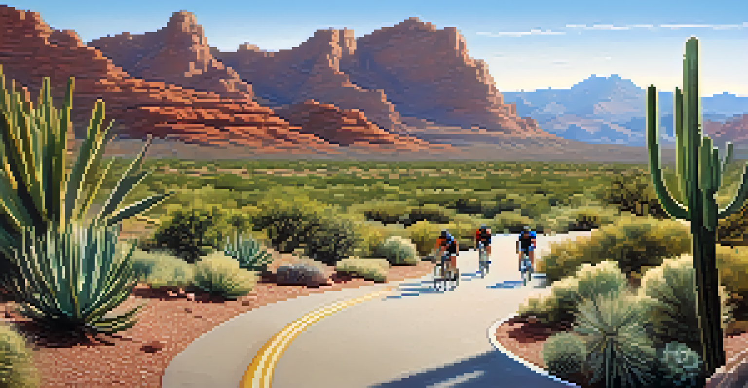 A scenic bike path in Arizona with cyclists riding through a landscape featuring mountains and cacti.