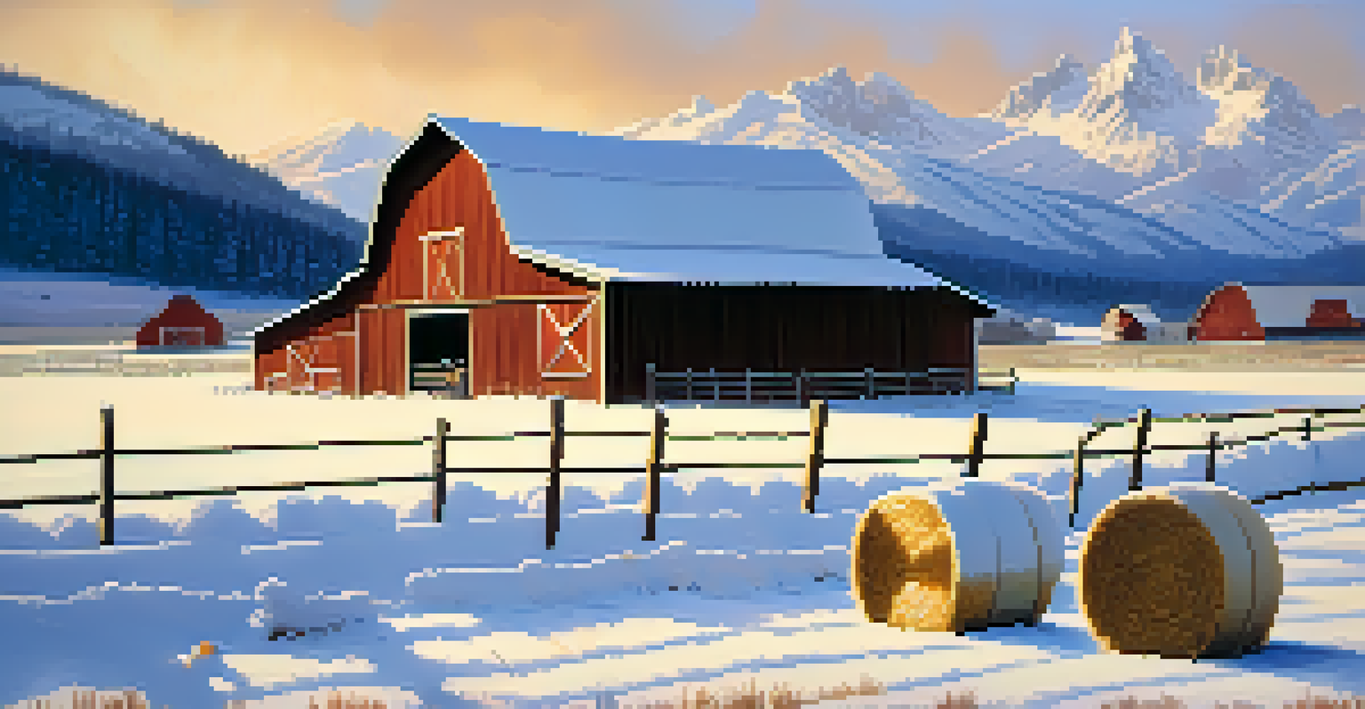 A snow-covered winter ranch scene with a rustic barn, a rancher feeding livestock, and snow-capped mountains in the background.