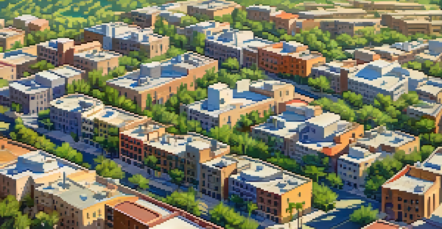 An aerial view of Tucson, Arizona, showing urban heat islands with concrete buildings and green parks.