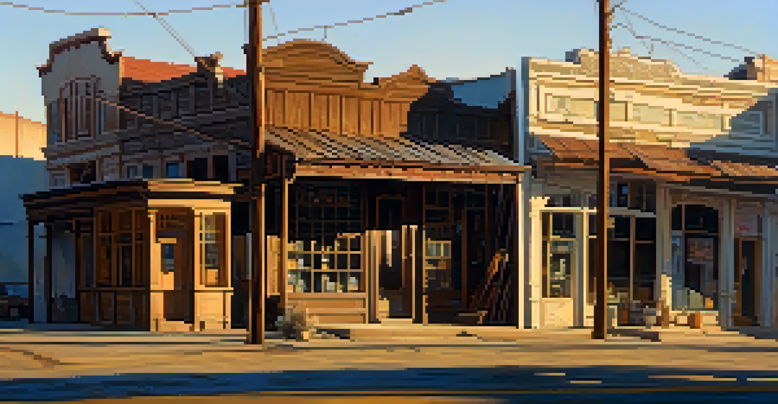 A ghost town street featuring weathered storefronts in golden afternoon light, with a tumbleweed rolling along a dusty road.